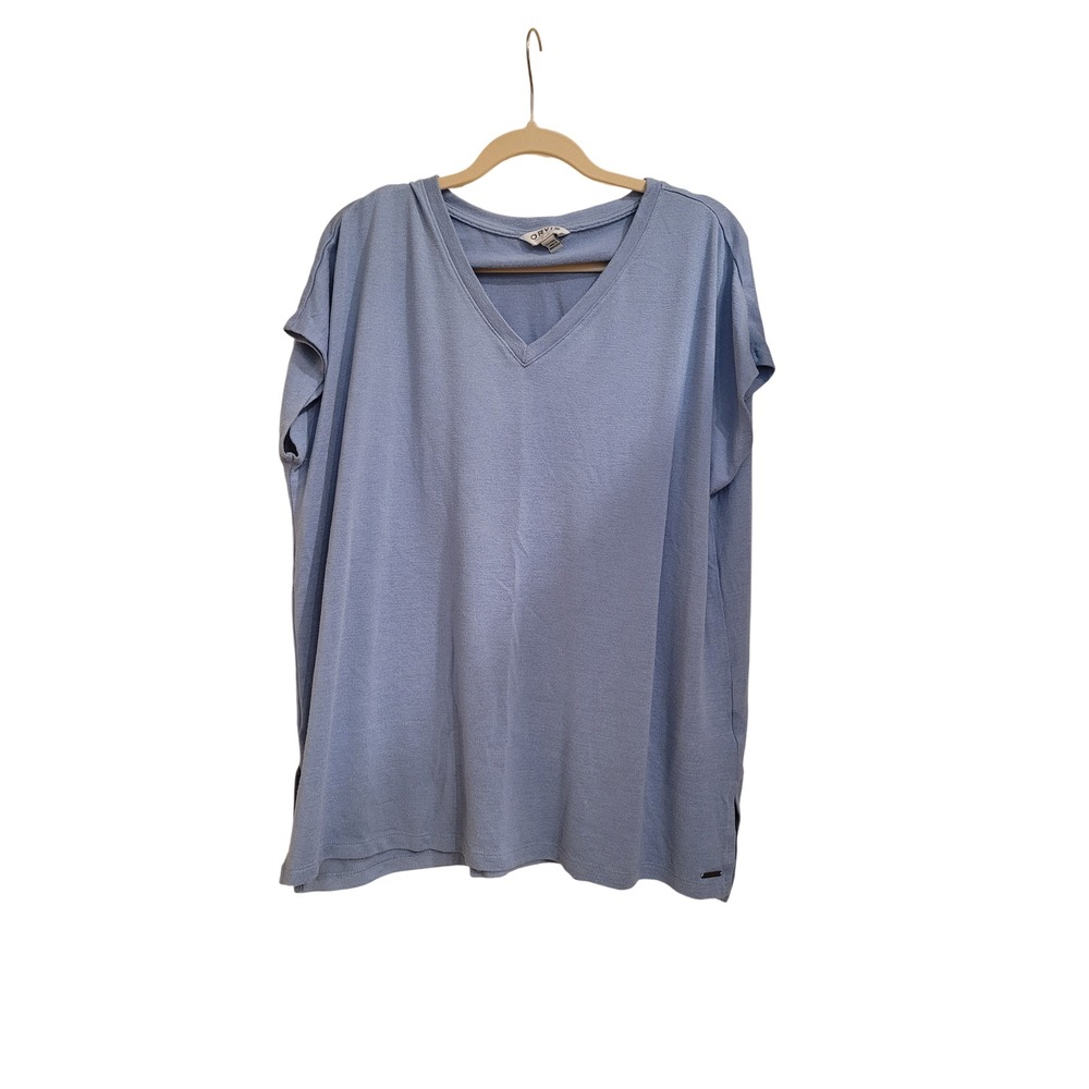 Orvis Womens V-Neck Short Sleeve Knit Top Blue Heathered Relaxed Fit